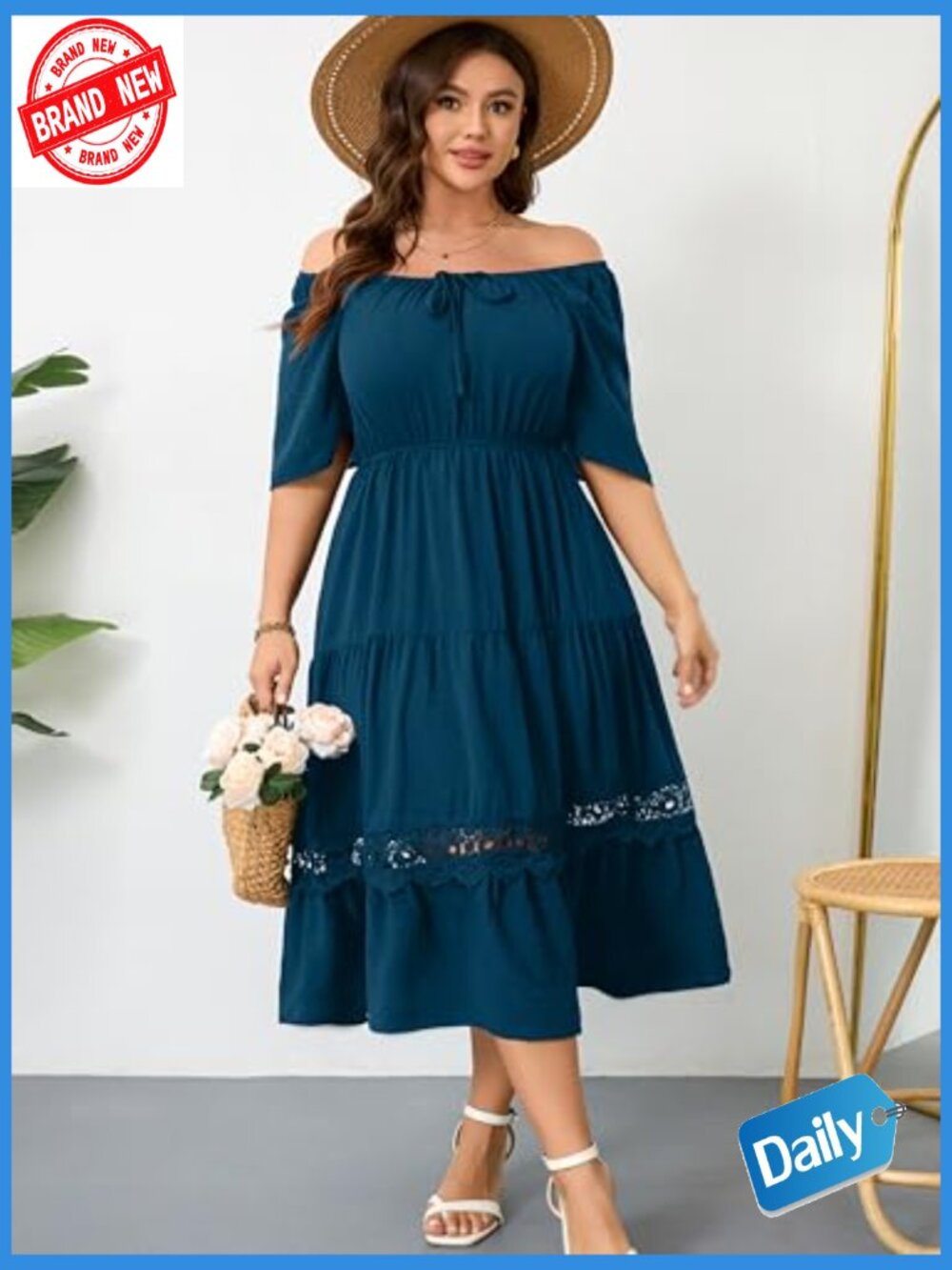 Plus Size Maxi Dress Ruffle Sleeve Square Neck Flowy A-Line Lace Trim - Picture 2 of 7
